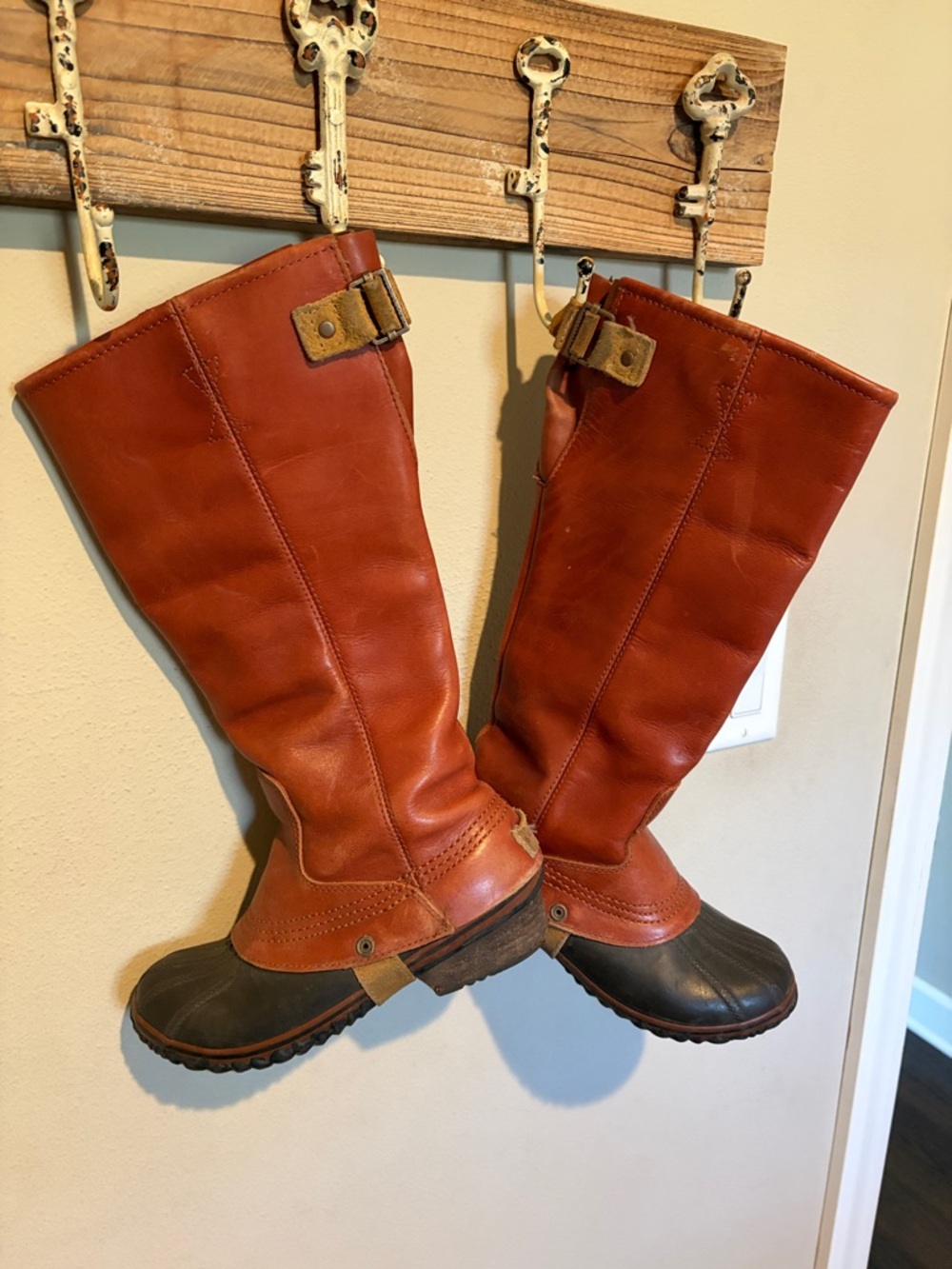 Sorel Tall Brown Leather & Dark Brown Rubber Rain Boots